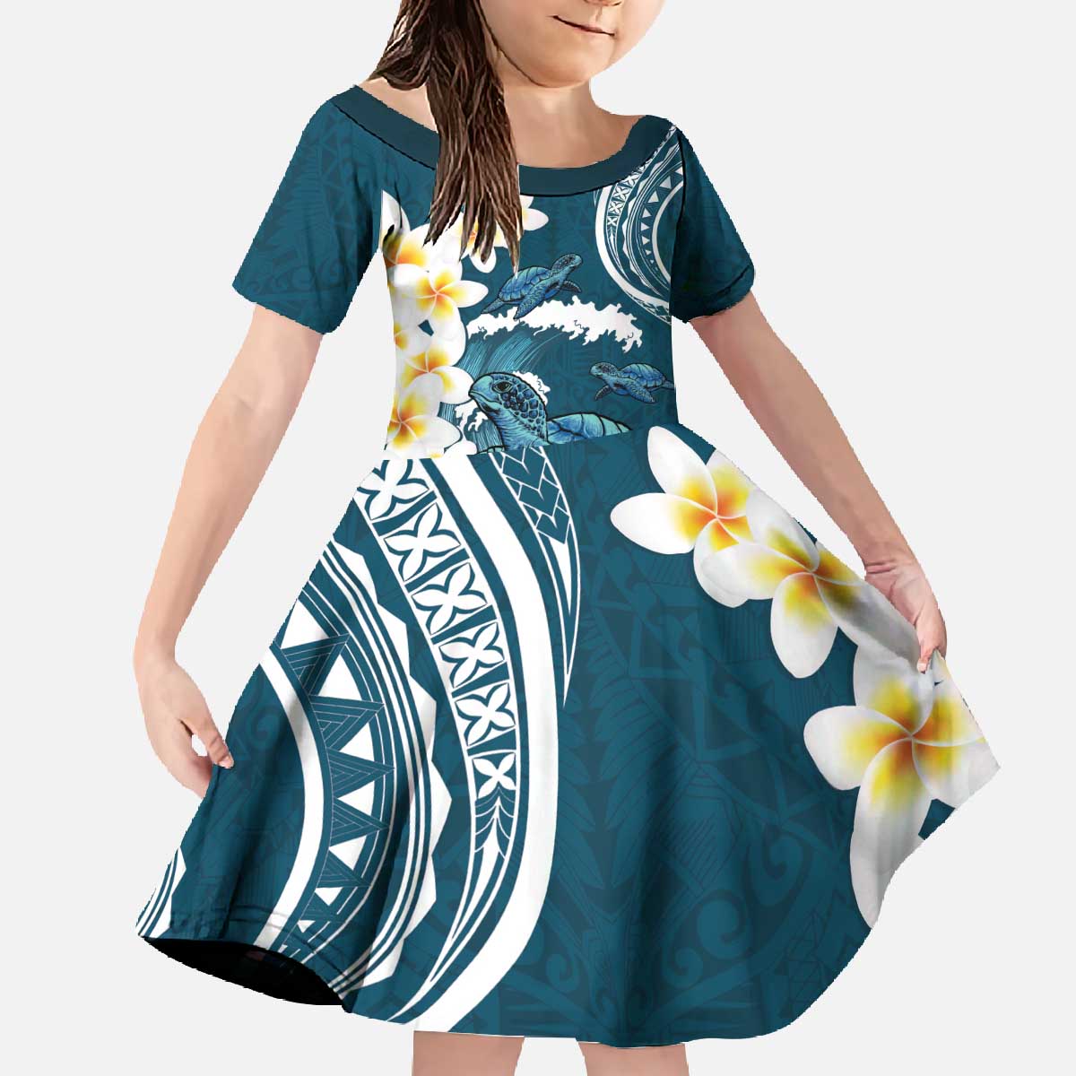 Dark Teal Polynesia Family Matching Off The Shoulder Long Sleeve Dress and Hawaiian Shirt Polynesian Frangipani With Sea Turtles LT14 Daughter's Dress Dark Teal - Polynesian Pride