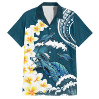 Dark Teal Polynesia Family Matching Off The Shoulder Long Sleeve Dress and Hawaiian Shirt Polynesian Frangipani With Sea Turtles LT14 Dad's Shirt - Short Sleeve Dark Teal - Polynesian Pride
