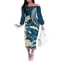 Dark Teal Polynesia Family Matching Off The Shoulder Long Sleeve Dress and Hawaiian Shirt Polynesian Frangipani With Sea Turtles LT14 Mom's Dress Dark Teal - Polynesian Pride