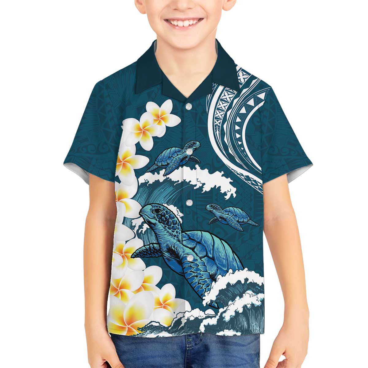 Dark Teal Polynesia Family Matching Off The Shoulder Long Sleeve Dress and Hawaiian Shirt Polynesian Frangipani With Sea Turtles LT14 Son's Shirt Dark Teal - Polynesian Pride