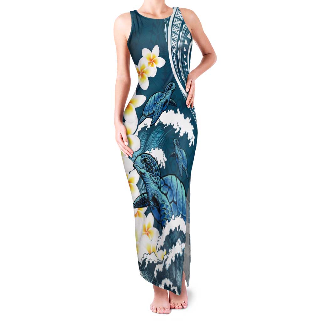 Dark Teal Polynesia Family Matching Tank Maxi Dress and Hawaiian Shirt Polynesian Frangipani With Sea Turtles