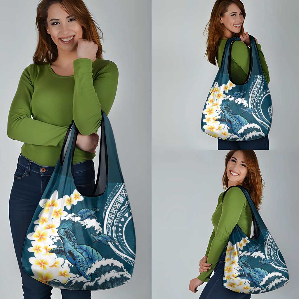 Dark Teal Polynesia Grocery Bag Polynesian Frangipani With Sea Turtles