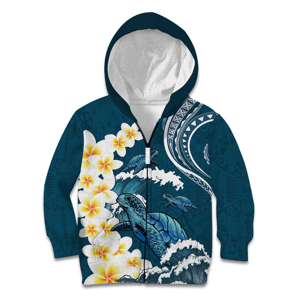 Dark Teal Polynesia Kid Hoodie Polynesian Frangipani With Sea Turtles
