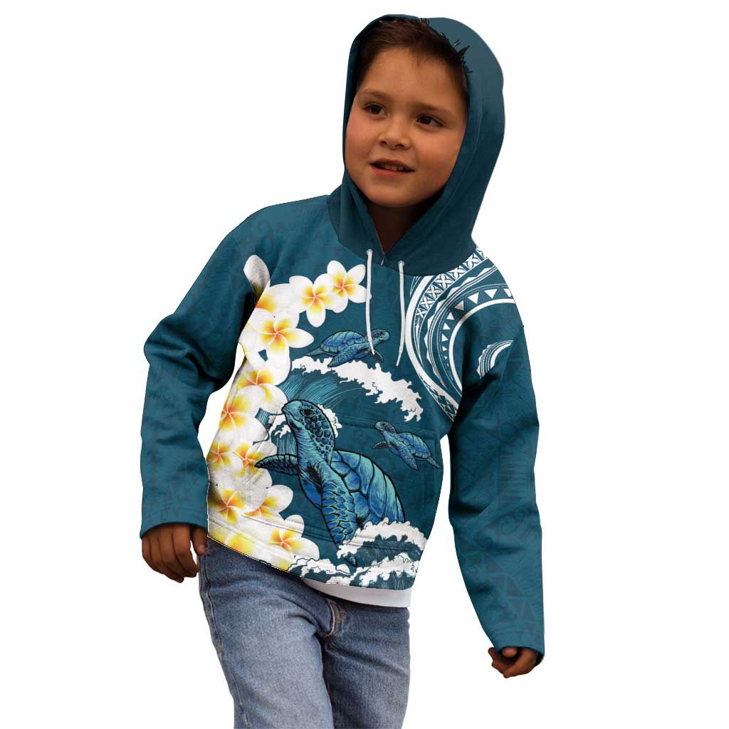 Dark Teal Polynesia Kid Hoodie Polynesian Frangipani With Sea Turtles