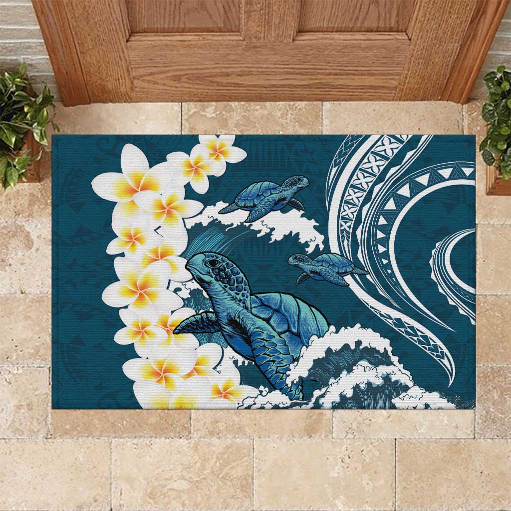 Dark Teal Polynesia Rubber Doormat Polynesian Frangipani With Sea Turtles