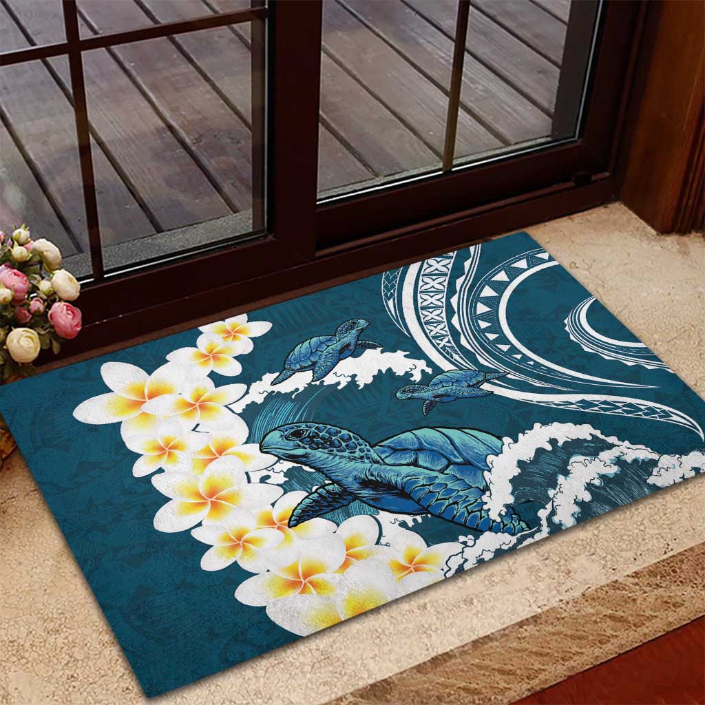 Dark Teal Polynesia Rubber Doormat Polynesian Frangipani With Sea Turtles