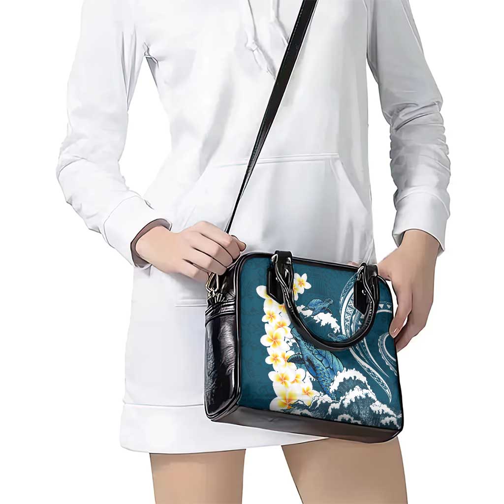 Dark Teal Polynesia Shoulder Handbag Polynesian Frangipani With Sea Turtles