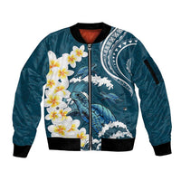 Dark Teal Polynesia Sleeve Zip Bomber Jacket Polynesian Frangipani With Sea Turtles