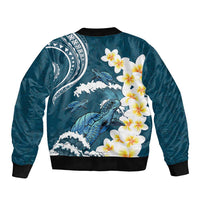 Dark Teal Polynesia Sleeve Zip Bomber Jacket Polynesian Frangipani With Sea Turtles