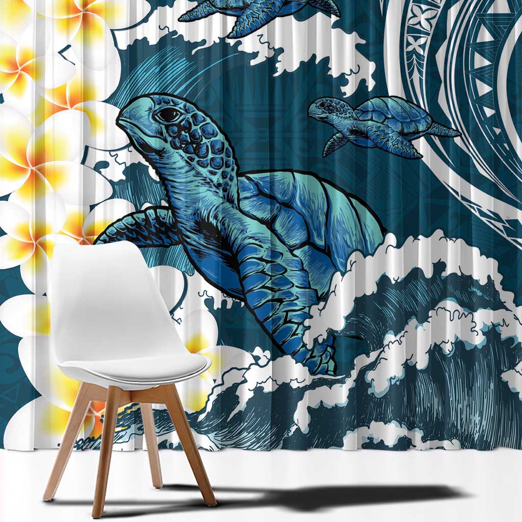 Dark Teal Polynesia Window Curtain Polynesian Frangipani With Sea Turtles