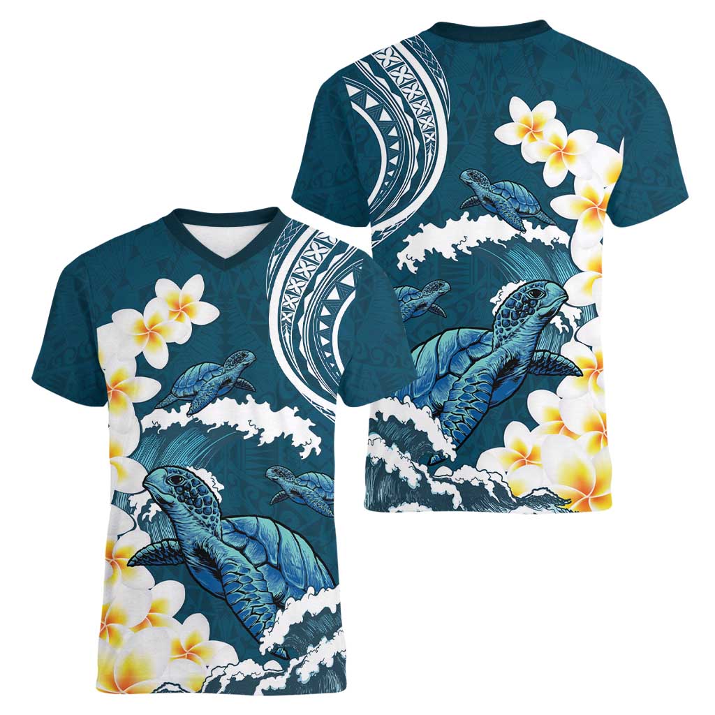 Dark Teal Polynesia Women V-Neck T-Shirt Polynesian Frangipani With Sea Turtles