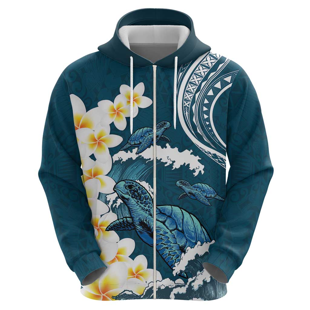 Dark Teal Polynesia Zip Hoodie Polynesian Frangipani With Sea Turtles