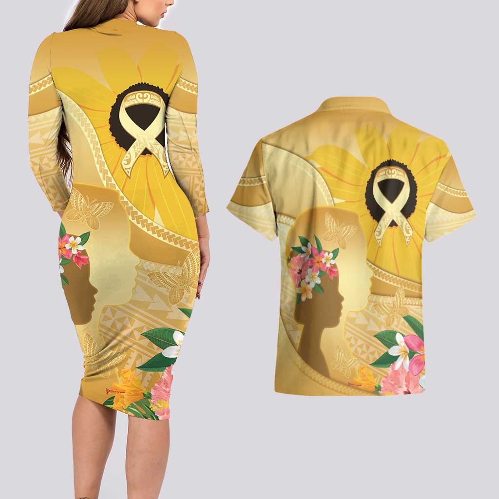 Polynesia Childhood Cancer Awareness Couples Matching Long Sleeve Bodycon Dress and Hawaiian Shirt Be Bold Go Gold Polynesian Art