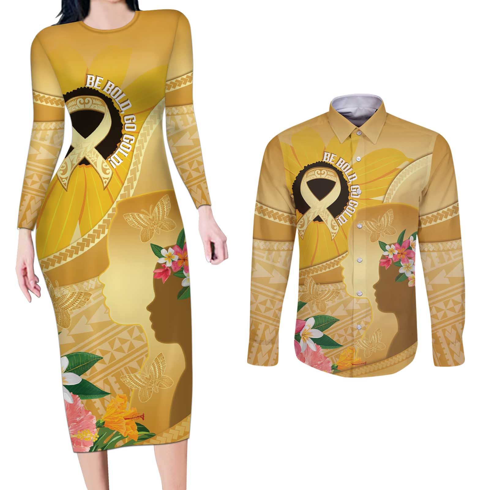 Polynesia Childhood Cancer Awareness Couples Matching Long Sleeve Bodycon Dress and Long Sleeve Button Shirt Be Bold Go Gold Polynesian Art