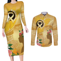 Polynesia Childhood Cancer Awareness Couples Matching Long Sleeve Bodycon Dress and Long Sleeve Button Shirt Be Bold Go Gold Polynesian Art