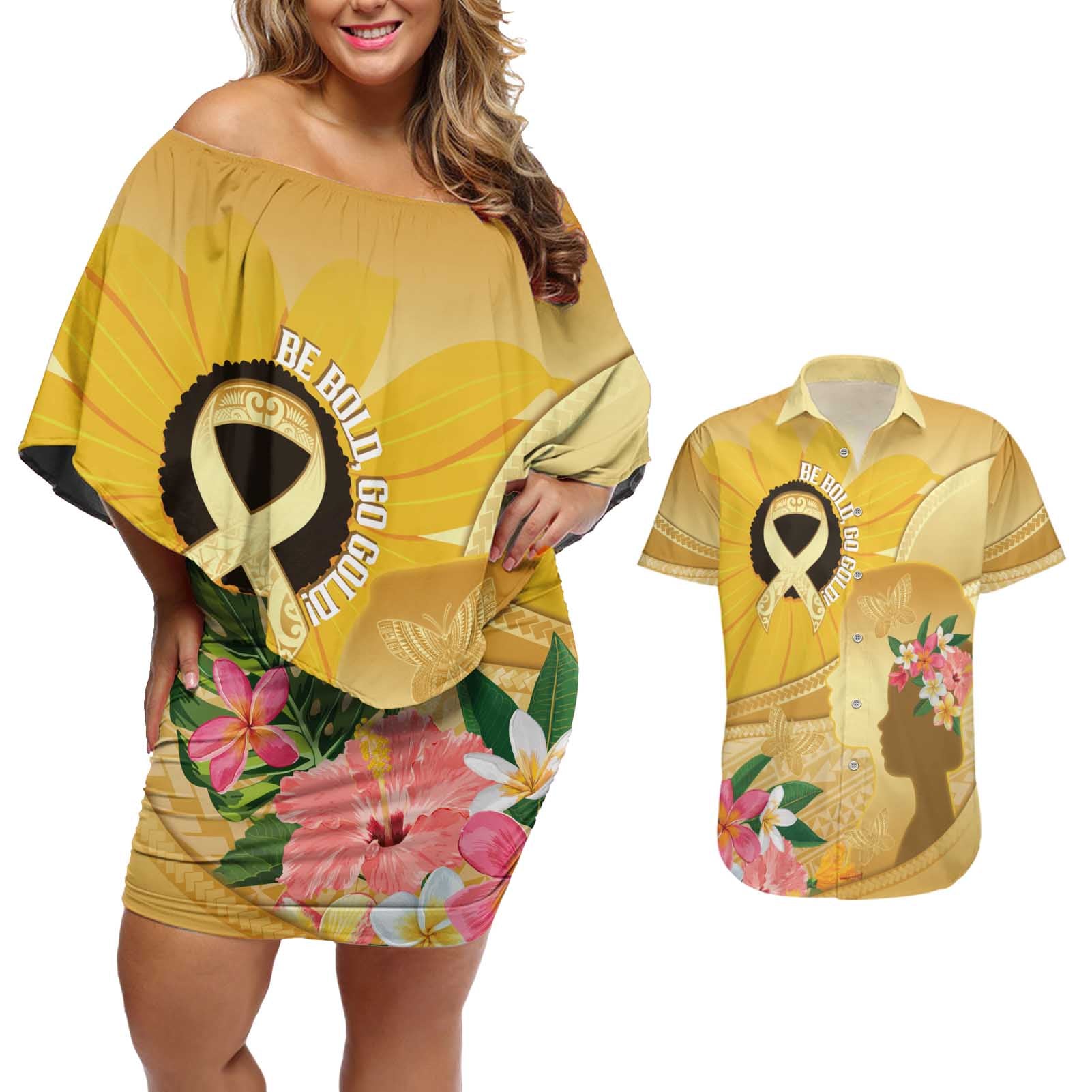 Polynesia Childhood Cancer Awareness Couples Matching Off Shoulder Short Dress and Hawaiian Shirt Be Bold Go Gold Polynesian Art
