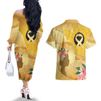 Polynesia Childhood Cancer Awareness Couples Matching Off The Shoulder Long Sleeve Dress and Hawaiian Shirt Be Bold Go Gold Polynesian Art