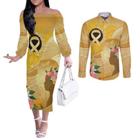 Polynesia Childhood Cancer Awareness Couples Matching Off The Shoulder Long Sleeve Dress and Long Sleeve Button Shirt Be Bold Go Gold Polynesian Art