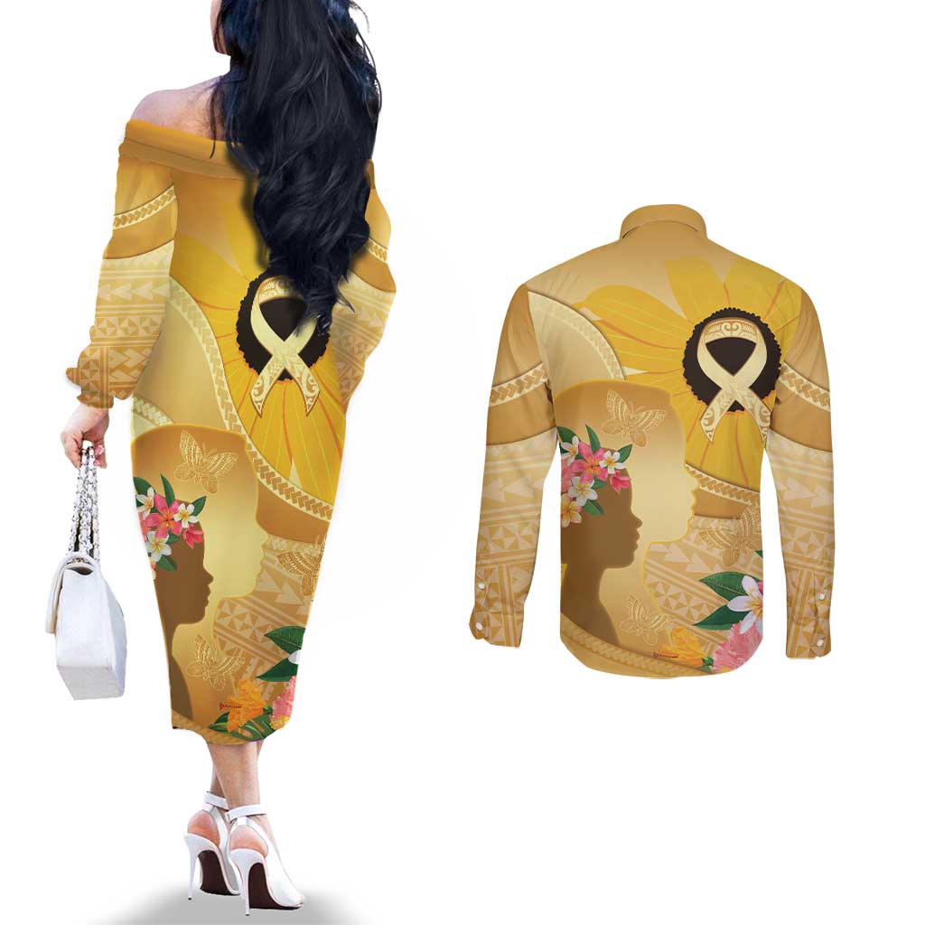 Polynesia Childhood Cancer Awareness Couples Matching Off The Shoulder Long Sleeve Dress and Long Sleeve Button Shirt Be Bold Go Gold Polynesian Art