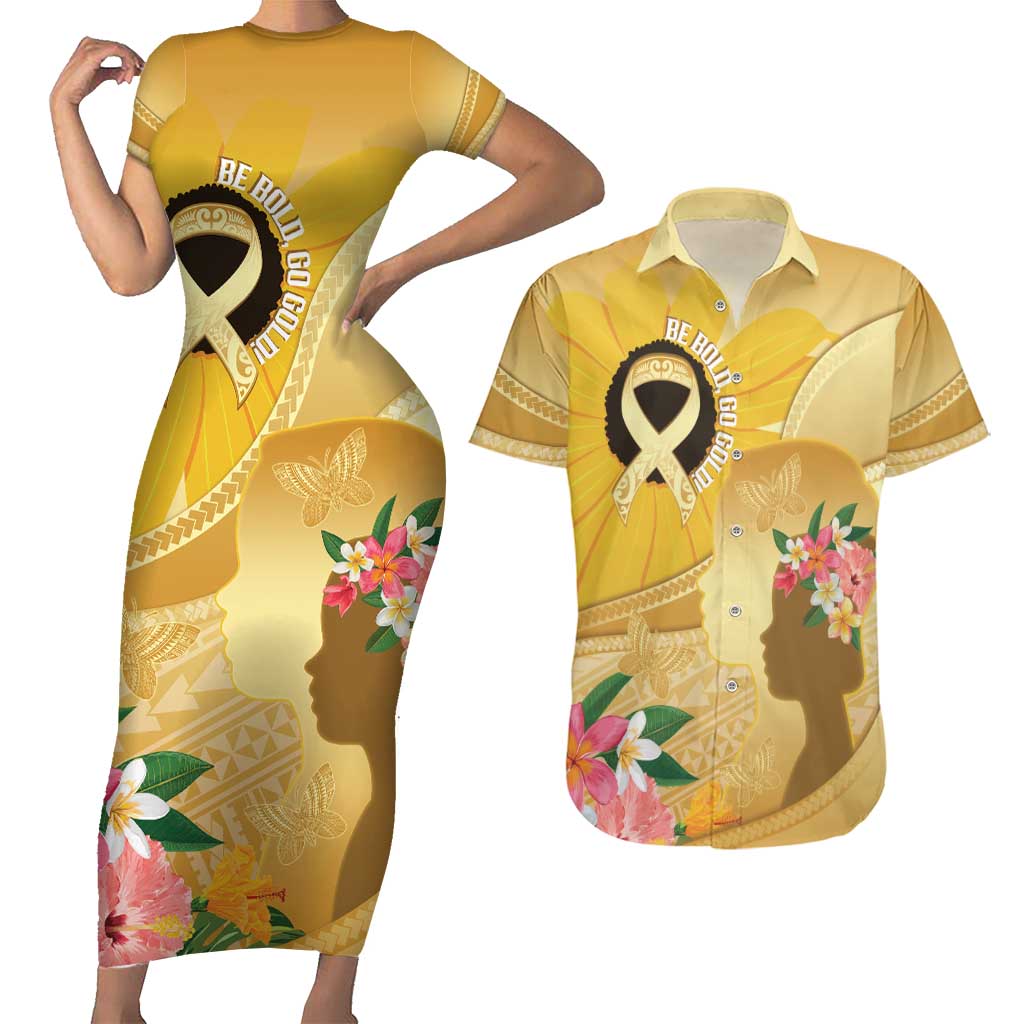 Polynesia Childhood Cancer Awareness Couples Matching Short Sleeve Bodycon Dress and Hawaiian Shirt Be Bold Go Gold Polynesian Art LT14 Gold - Polynesian Pride