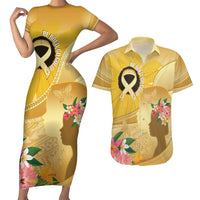 Polynesia Childhood Cancer Awareness Couples Matching Short Sleeve Bodycon Dress and Hawaiian Shirt Be Bold Go Gold Polynesian Art LT14 Gold - Polynesian Pride