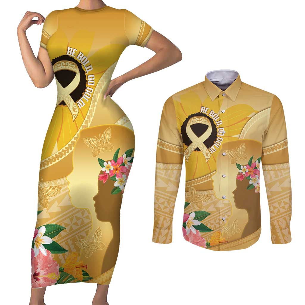 Polynesia Childhood Cancer Awareness Couples Matching Short Sleeve Bodycon Dress and Long Sleeve Button Shirt Be Bold Go Gold Polynesian Art