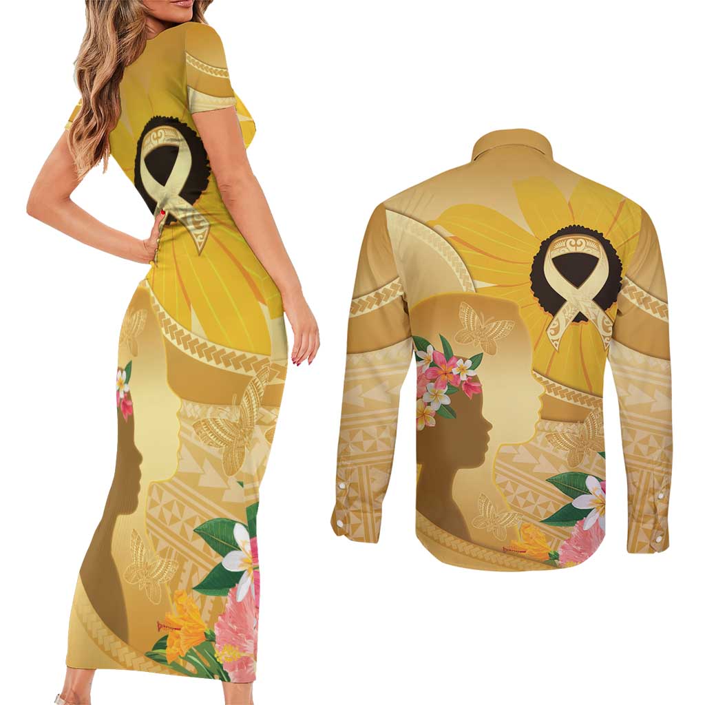 Polynesia Childhood Cancer Awareness Couples Matching Short Sleeve Bodycon Dress and Long Sleeve Button Shirt Be Bold Go Gold Polynesian Art