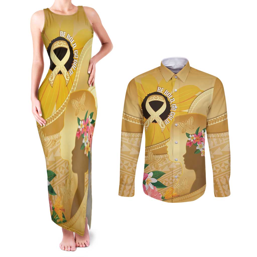 Polynesia Childhood Cancer Awareness Couples Matching Tank Maxi Dress and Long Sleeve Button Shirt Be Bold Go Gold Polynesian Art