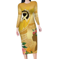 Polynesia Childhood Cancer Awareness Family Matching Long Sleeve Bodycon Dress and Hawaiian Shirt Be Bold Go Gold Polynesian Art LT14 Mom's Dress Gold - Polynesian Pride