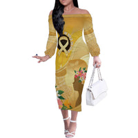 Polynesia Childhood Cancer Awareness Family Matching Off The Shoulder Long Sleeve Dress and Hawaiian Shirt Be Bold Go Gold Polynesian Art LT14 Mom's Dress Gold - Polynesian Pride