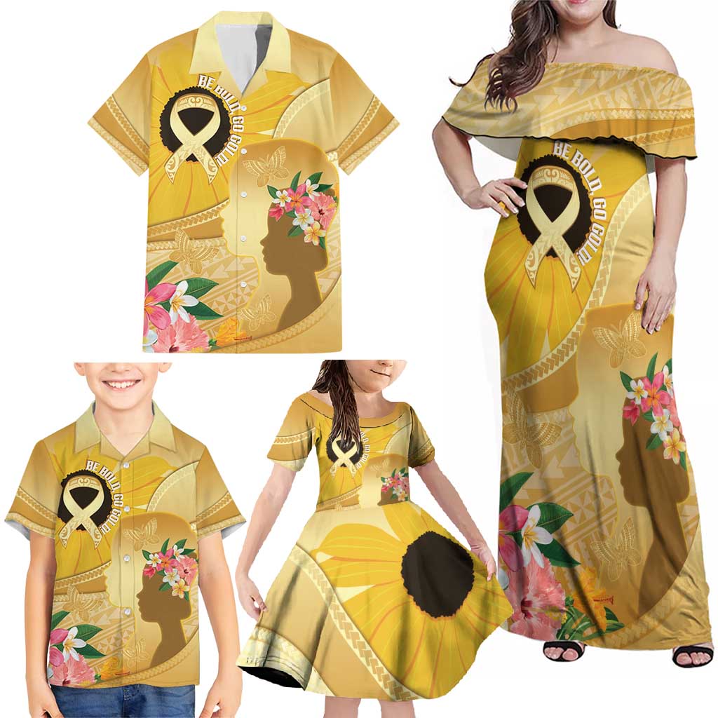 Polynesia Childhood Cancer Awareness Family Matching Off Shoulder Maxi Dress and Hawaiian Shirt Be Bold Go Gold Polynesian Art LT14 - Polynesian Pride