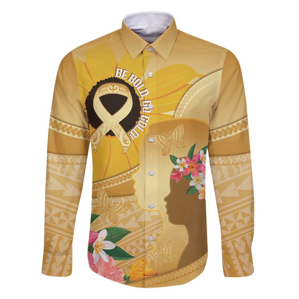 Polynesia Childhood Cancer Awareness Family Matching Off Shoulder Maxi Dress and Hawaiian Shirt Be Bold Go Gold Polynesian Art LT14 Dad's Shirt - Long Sleeve Gold - Polynesian Pride