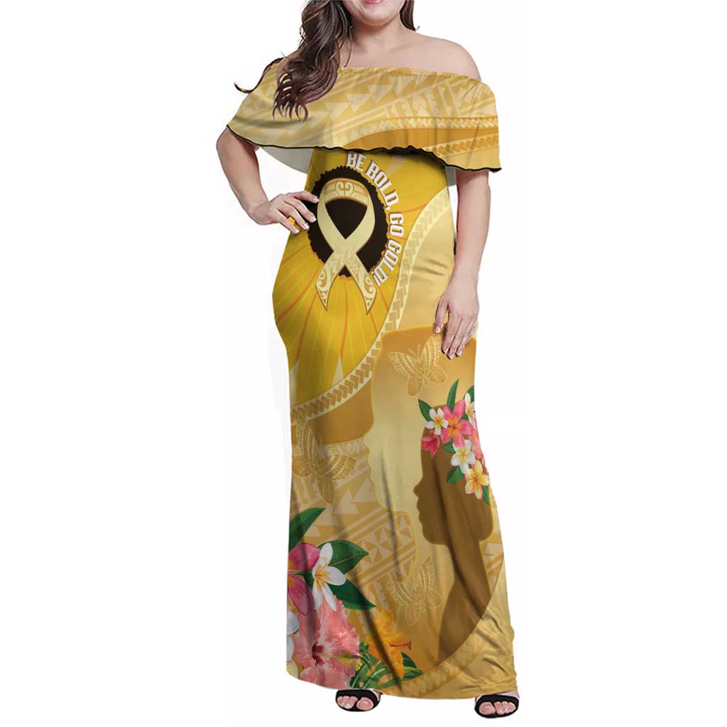 Polynesia Childhood Cancer Awareness Family Matching Off Shoulder Maxi Dress and Hawaiian Shirt Be Bold Go Gold Polynesian Art LT14 Mom's Dress Gold - Polynesian Pride