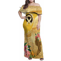 Polynesia Childhood Cancer Awareness Family Matching Off Shoulder Maxi Dress and Hawaiian Shirt Be Bold Go Gold Polynesian Art LT14 Mom's Dress Gold - Polynesian Pride