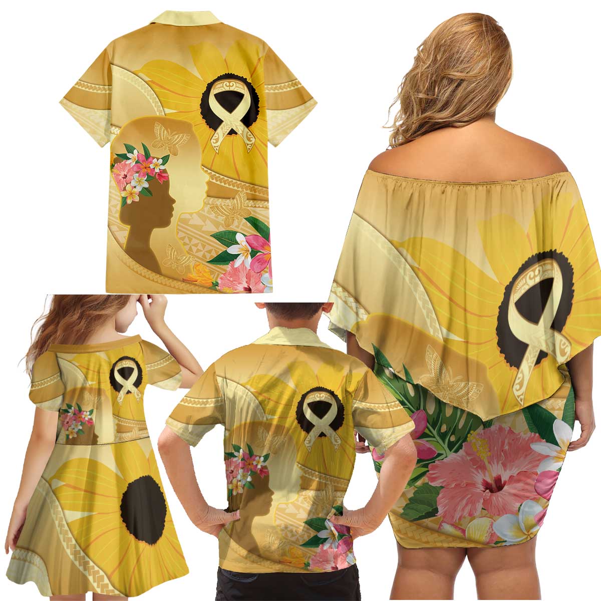 Polynesia Childhood Cancer Awareness Family Matching Off Shoulder Short Dress and Hawaiian Shirt Be Bold Go Gold Polynesian Art LT14 - Polynesian Pride