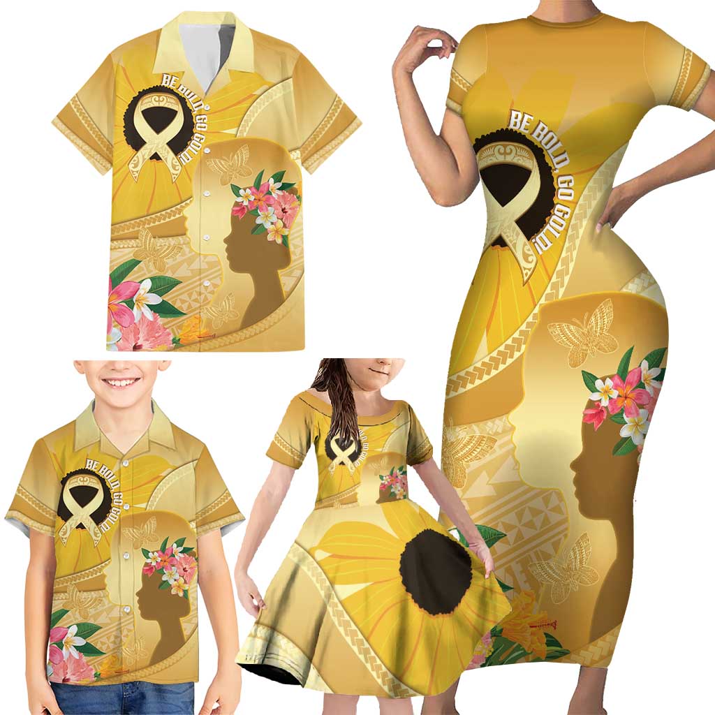 Polynesia Childhood Cancer Awareness Family Matching Short Sleeve Bodycon Dress and Hawaiian Shirt Be Bold Go Gold Polynesian Art LT14 - Polynesian Pride