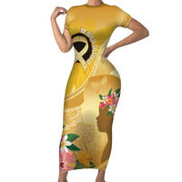Polynesia Childhood Cancer Awareness Family Matching Short Sleeve Bodycon Dress and Hawaiian Shirt Be Bold Go Gold Polynesian Art LT14 Mom's Dress Gold - Polynesian Pride