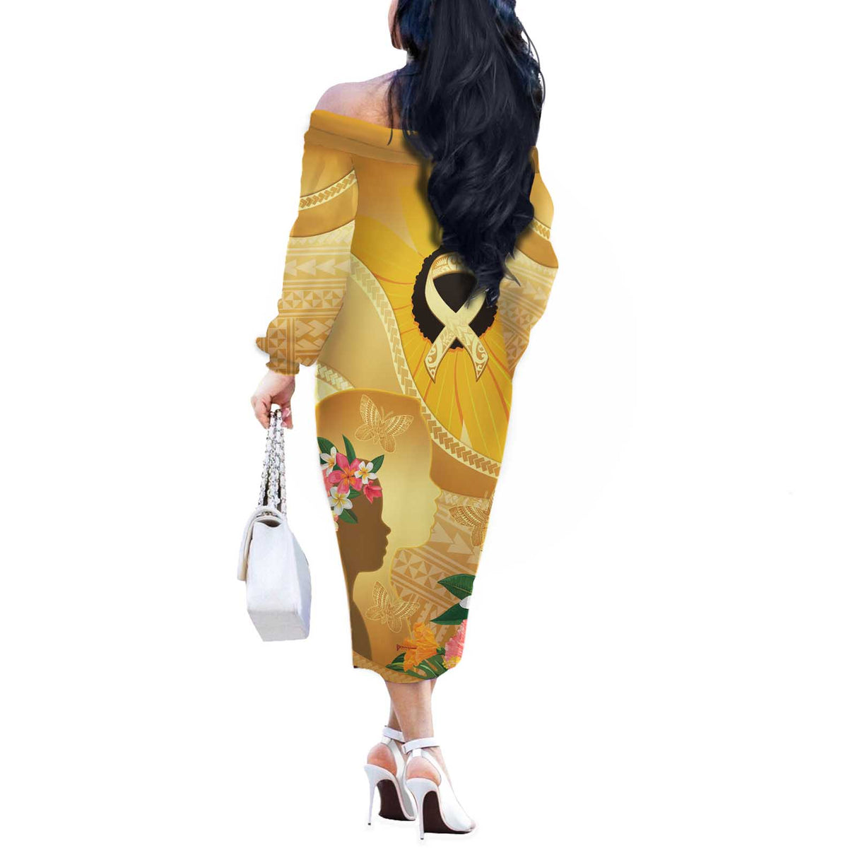 Polynesia Childhood Cancer Awareness Off The Shoulder Long Sleeve Dress Be Bold Go Gold Polynesian Art