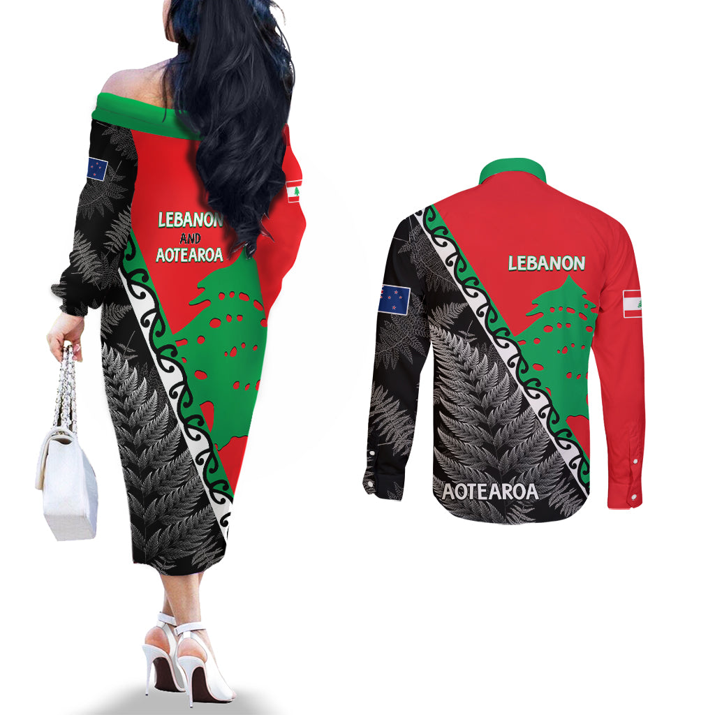 New Zealand And Lebanon Couples Matching Off The Shoulder Long Sleeve Dress and Long Sleeve Button Shirts Silver Fern Maori With Cedar Tree Together LT14 - Polynesian Pride