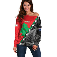 New Zealand And Lebanon Off Shoulder Sweater Silver Fern Maori With Cedar Tree Together LT14 Women Red - Polynesian Pride