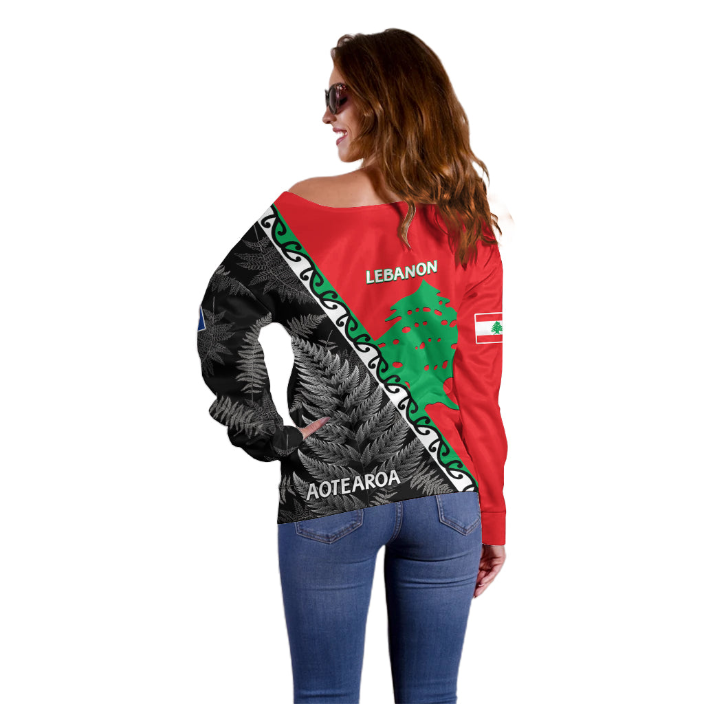 New Zealand And Lebanon Off Shoulder Sweater Silver Fern Maori With Cedar Tree Together LT14 - Polynesian Pride