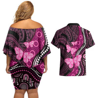Think Pink Breast Cancer Awareness Couples Matching Off Shoulder Short Dress and Hawaiian Shirt Butterfly Aboriginal Mix Polynesian Pattern LT14 - Polynesian Pride