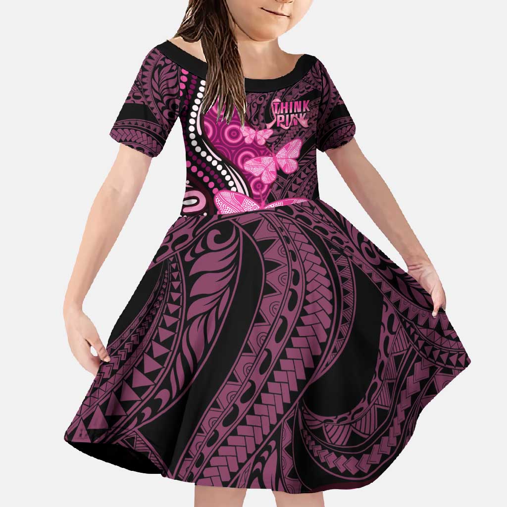 Think Pink Breast Cancer Awareness Family Matching Long Sleeve Bodycon Dress and Hawaiian Shirt Butterfly Aboriginal Mix Polynesian Pattern LT14 Daughter's Dress Pink - Polynesian Pride