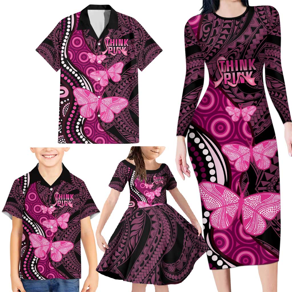 Think Pink Breast Cancer Awareness Family Matching Long Sleeve Bodycon Dress and Hawaiian Shirt Butterfly Aboriginal Mix Polynesian Pattern LT14 - Polynesian Pride