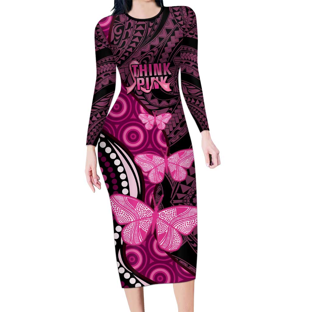 Think Pink Breast Cancer Awareness Family Matching Long Sleeve Bodycon Dress and Hawaiian Shirt Butterfly Aboriginal Mix Polynesian Pattern LT14 Mom's Dress Pink - Polynesian Pride