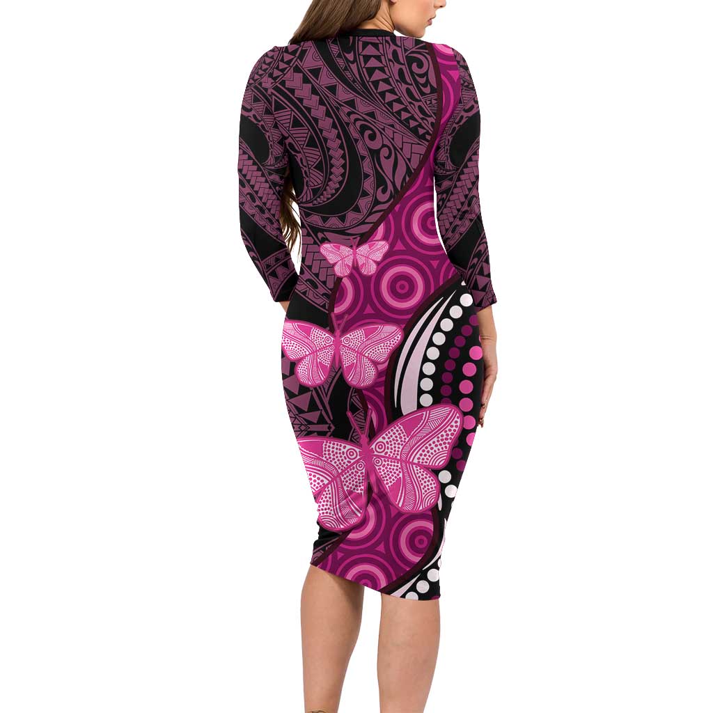 Think Pink Breast Cancer Awareness Family Matching Long Sleeve Bodycon Dress and Hawaiian Shirt Butterfly Aboriginal Mix Polynesian Pattern LT14 - Polynesian Pride