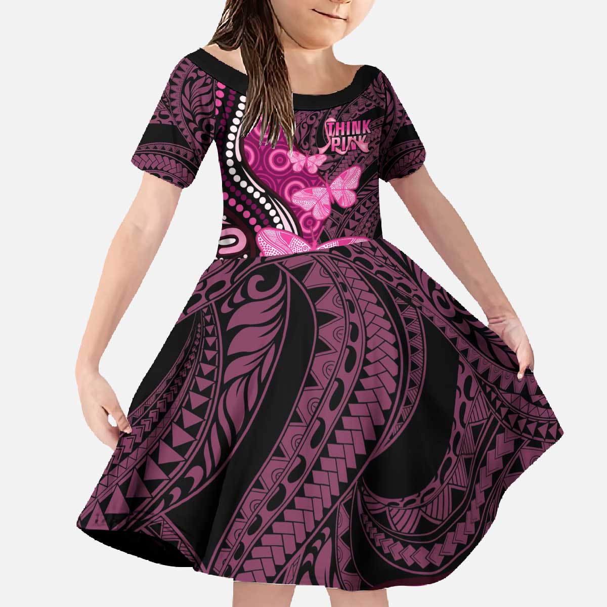Think Pink Breast Cancer Awareness Family Matching Off The Shoulder Long Sleeve Dress and Hawaiian Shirt Butterfly Aboriginal Mix Polynesian Pattern LT14 Daughter's Dress Pink - Polynesian Pride