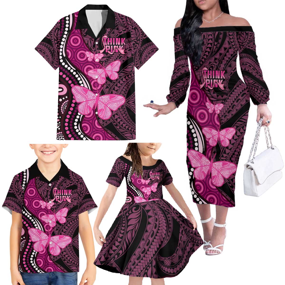 Think Pink Breast Cancer Awareness Family Matching Off The Shoulder Long Sleeve Dress and Hawaiian Shirt Butterfly Aboriginal Mix Polynesian Pattern LT14 - Polynesian Pride