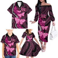 Think Pink Breast Cancer Awareness Family Matching Off The Shoulder Long Sleeve Dress and Hawaiian Shirt Butterfly Aboriginal Mix Polynesian Pattern LT14 - Polynesian Pride