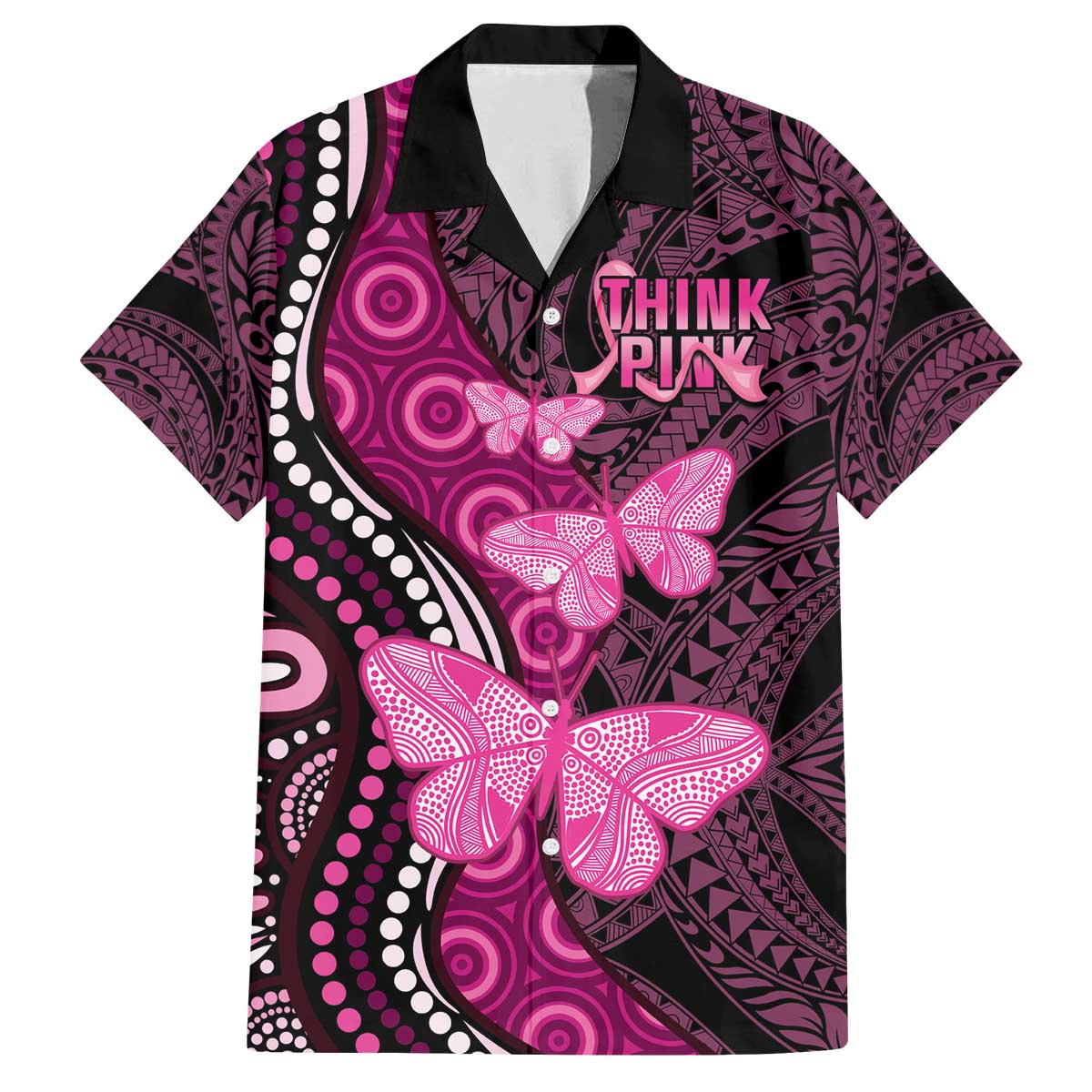 Think Pink Breast Cancer Awareness Family Matching Off The Shoulder Long Sleeve Dress and Hawaiian Shirt Butterfly Aboriginal Mix Polynesian Pattern LT14 Dad's Shirt - Short Sleeve Pink - Polynesian Pride